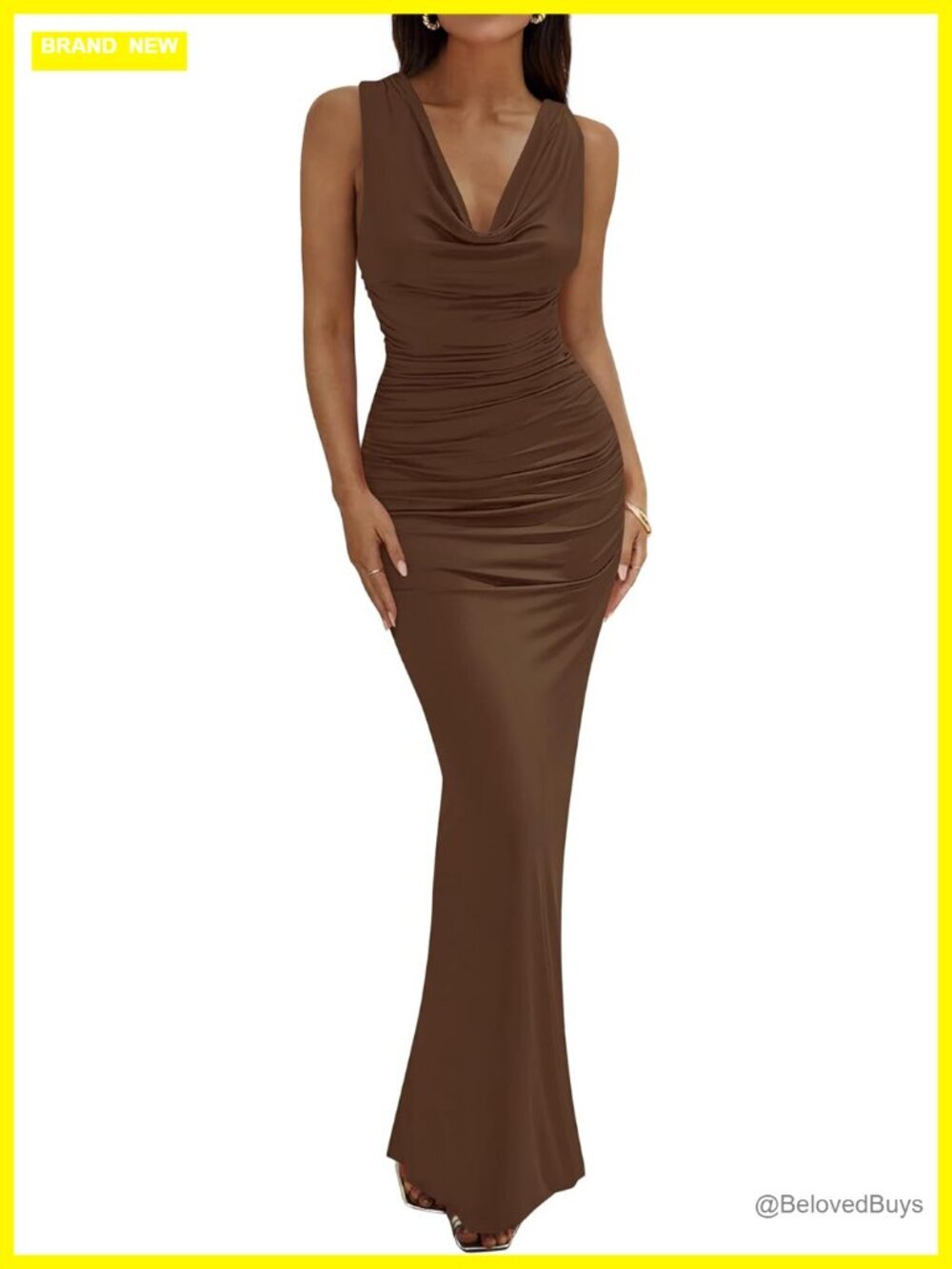 Cowl Neck Sleeveless Ruched Slim Fit Maxi Dress for Wedding Guest